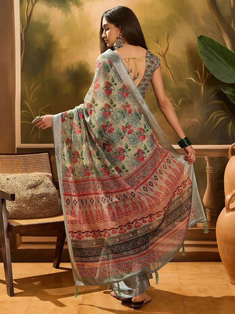 Sage Floral Ethnic Linen Cotton Saree