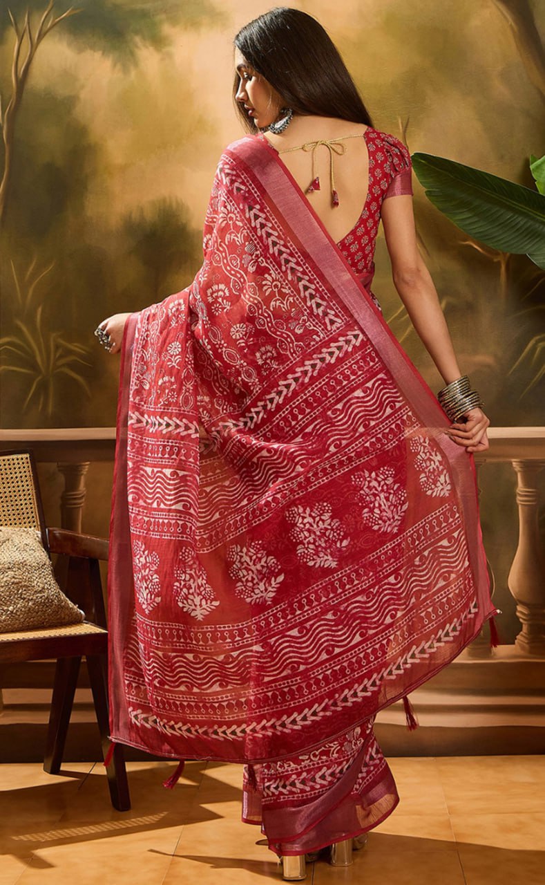 Linen Cotton - Crimson Block Saree