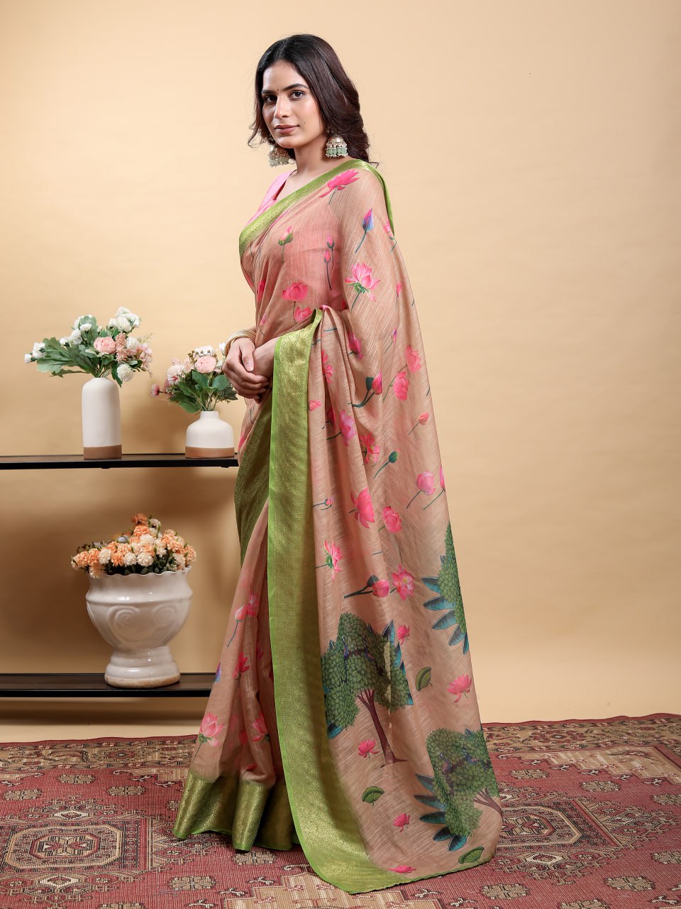 Soft Peach/Brown Saree with Lotus Print and Contrast Green Zari Border
