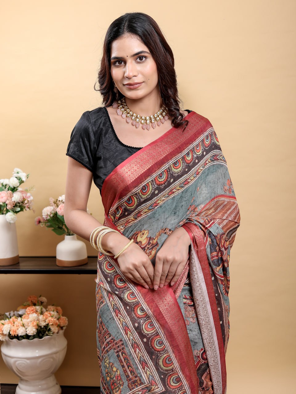 Artistic Grey Kalamkari Saree with Patola Print and Contrast Maroon Border
