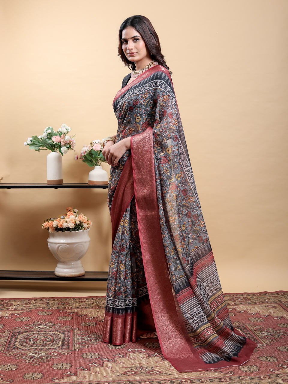 Elegant Grey Traditional Print Saree with Contrast Maroon Zari Border