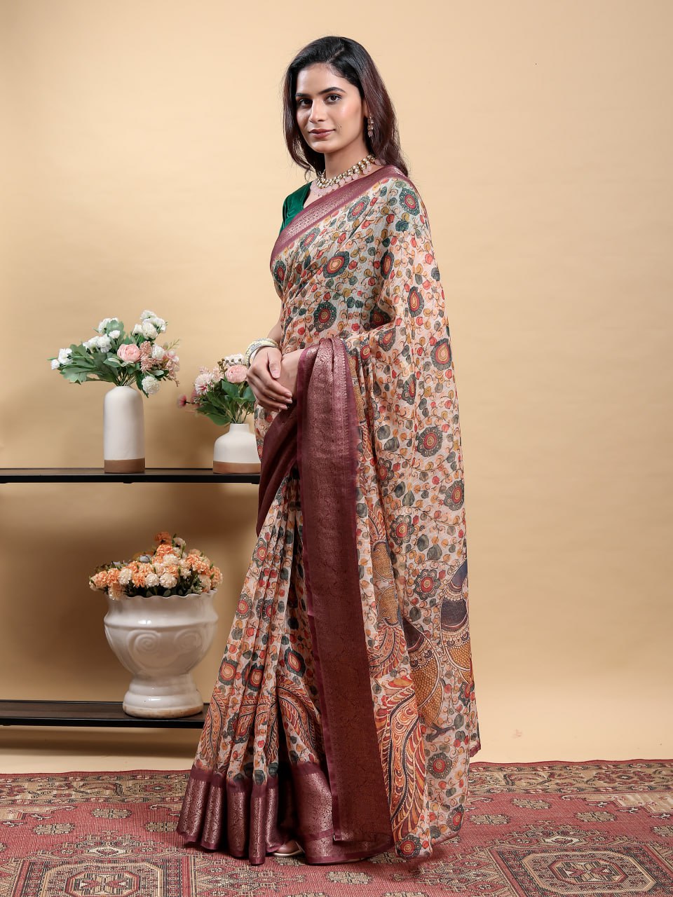 Elegant Peach/Beige Kalamkari Saree with Peacock Print and Maroon Border