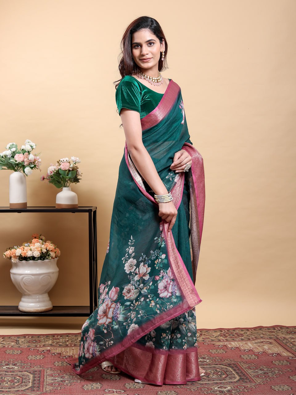 Stunning Teal Floral Saree with Contrast Pink/Maroon Zari Border