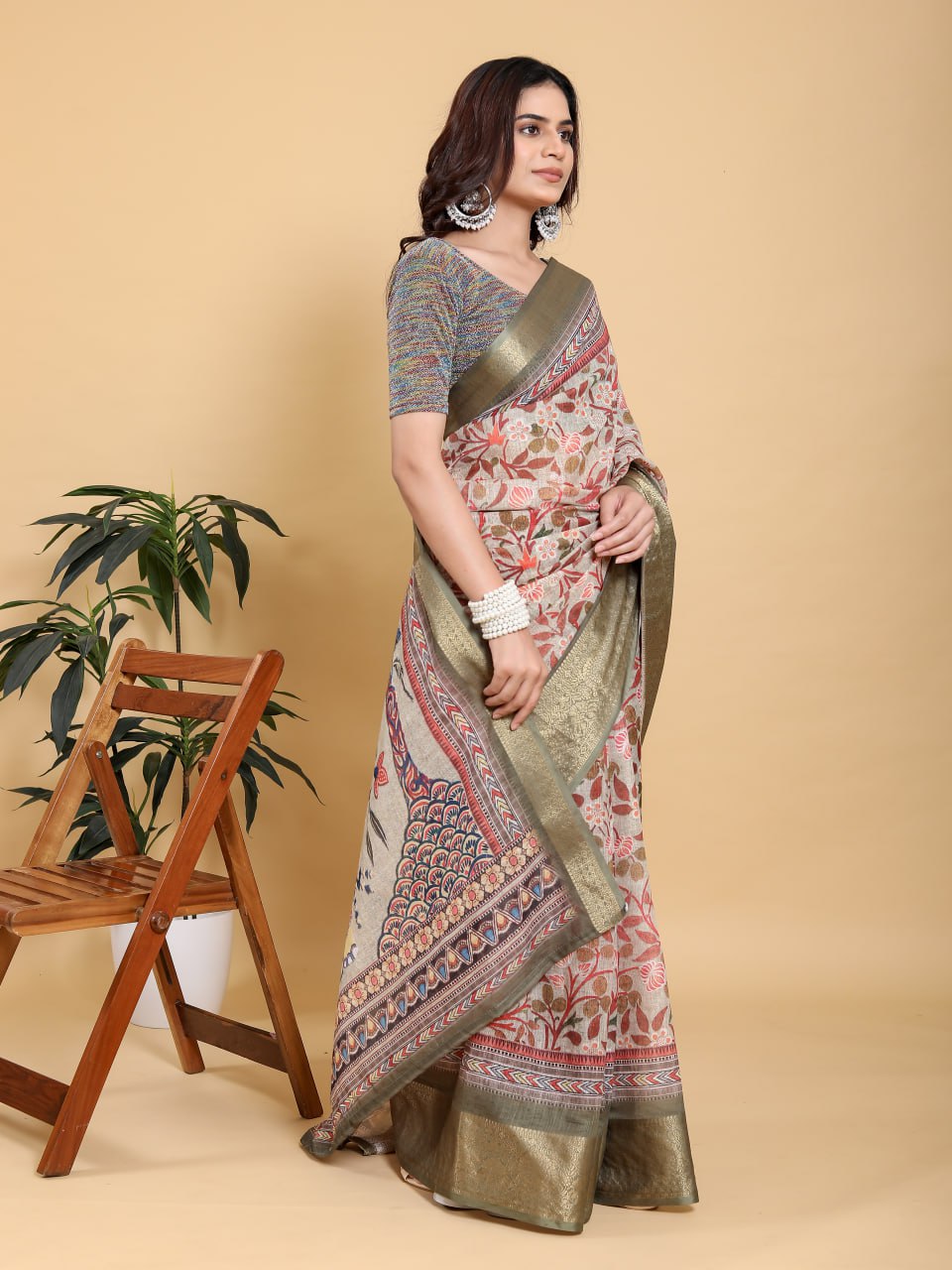 Elegant Beige Kalamkari Print Saree with Olive Green Zari Border