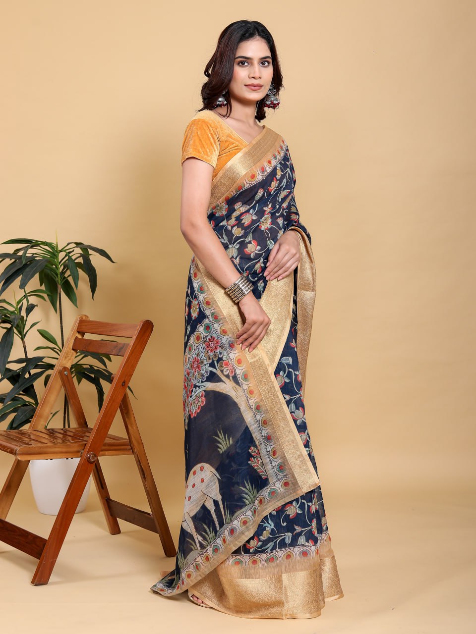 Elegant Navy Blue Floral Print Saree with Deer Motif and Zari Border