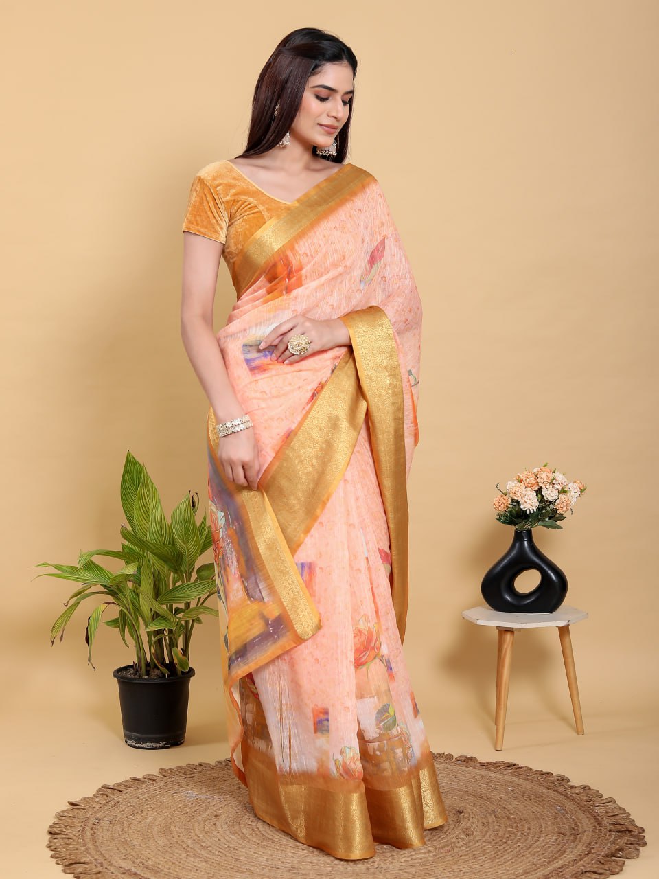 Abstract Peach & Gold Floral Linen Cotton Saree