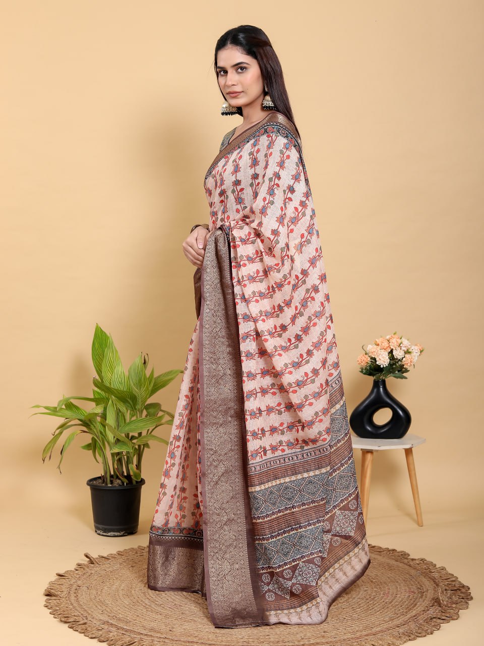 Beige Floral Print Linen Cotton Saree