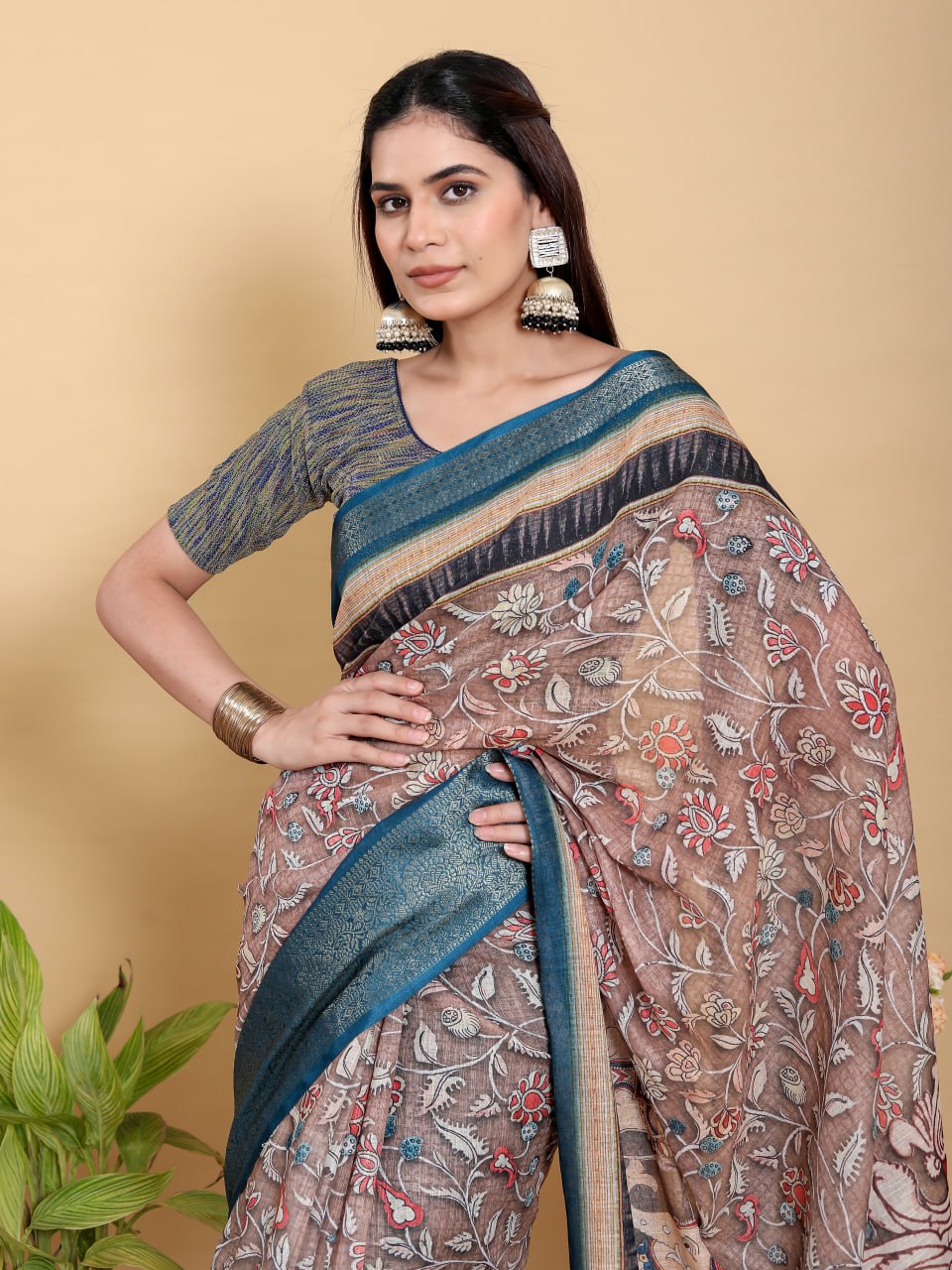 Heritage Brown & Teal Artistic Linen Cotton Saree