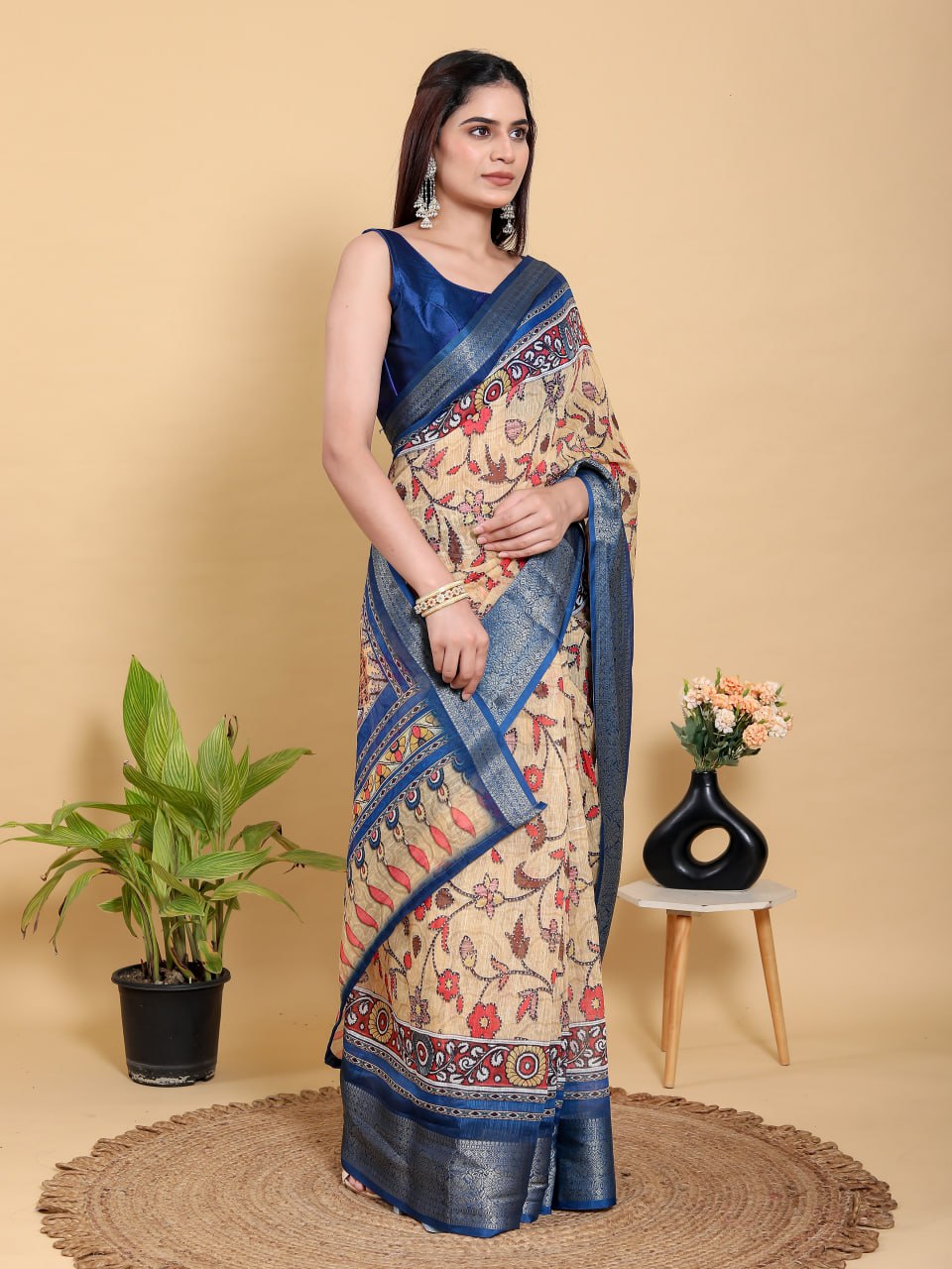 Artistic Beige & Blue Peacock Linen Cotton Saree