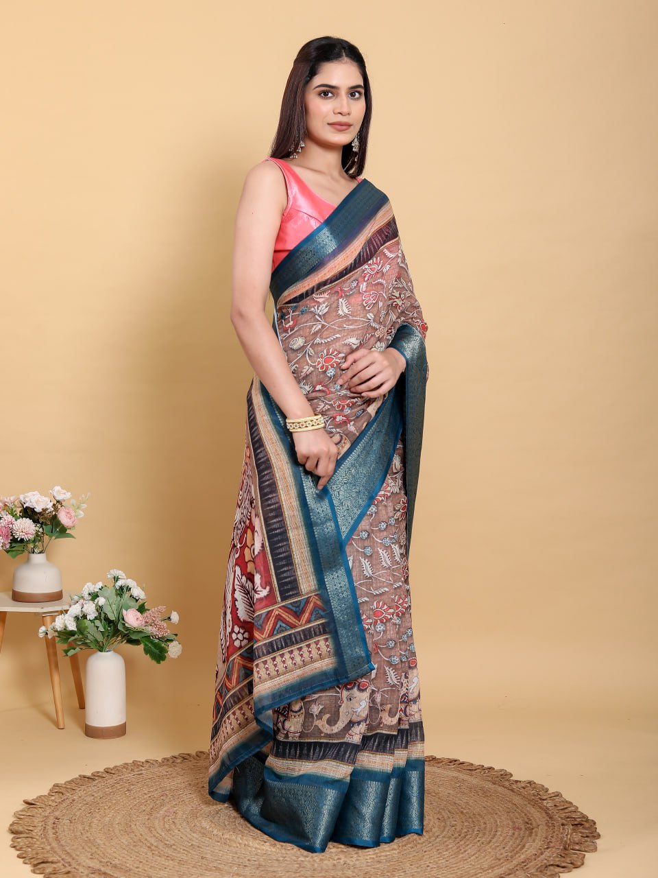 Artistic Brown & Teal Motif Linen Cotton Saree
