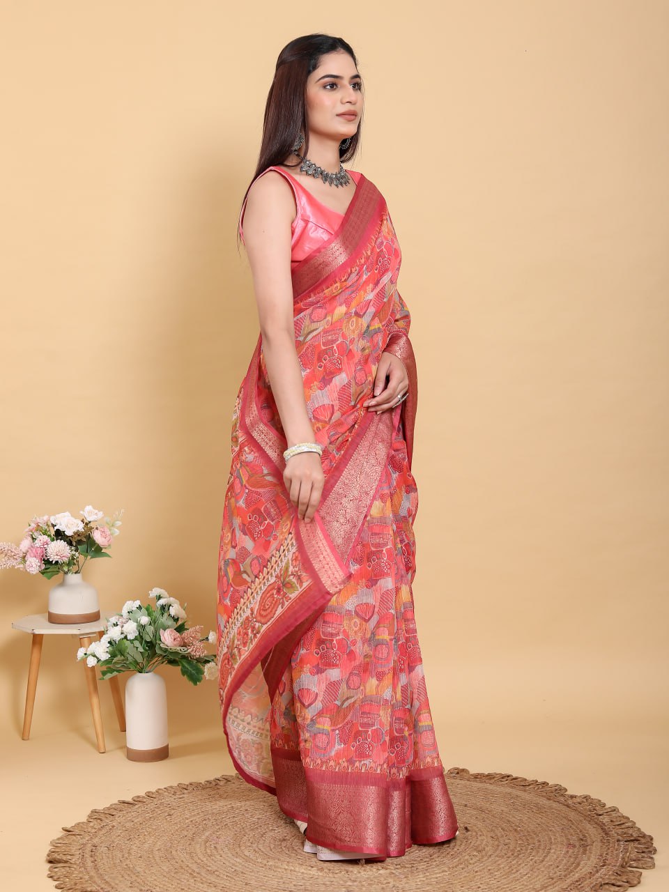 Bold Red Artistic Print Linen Cotton Saree