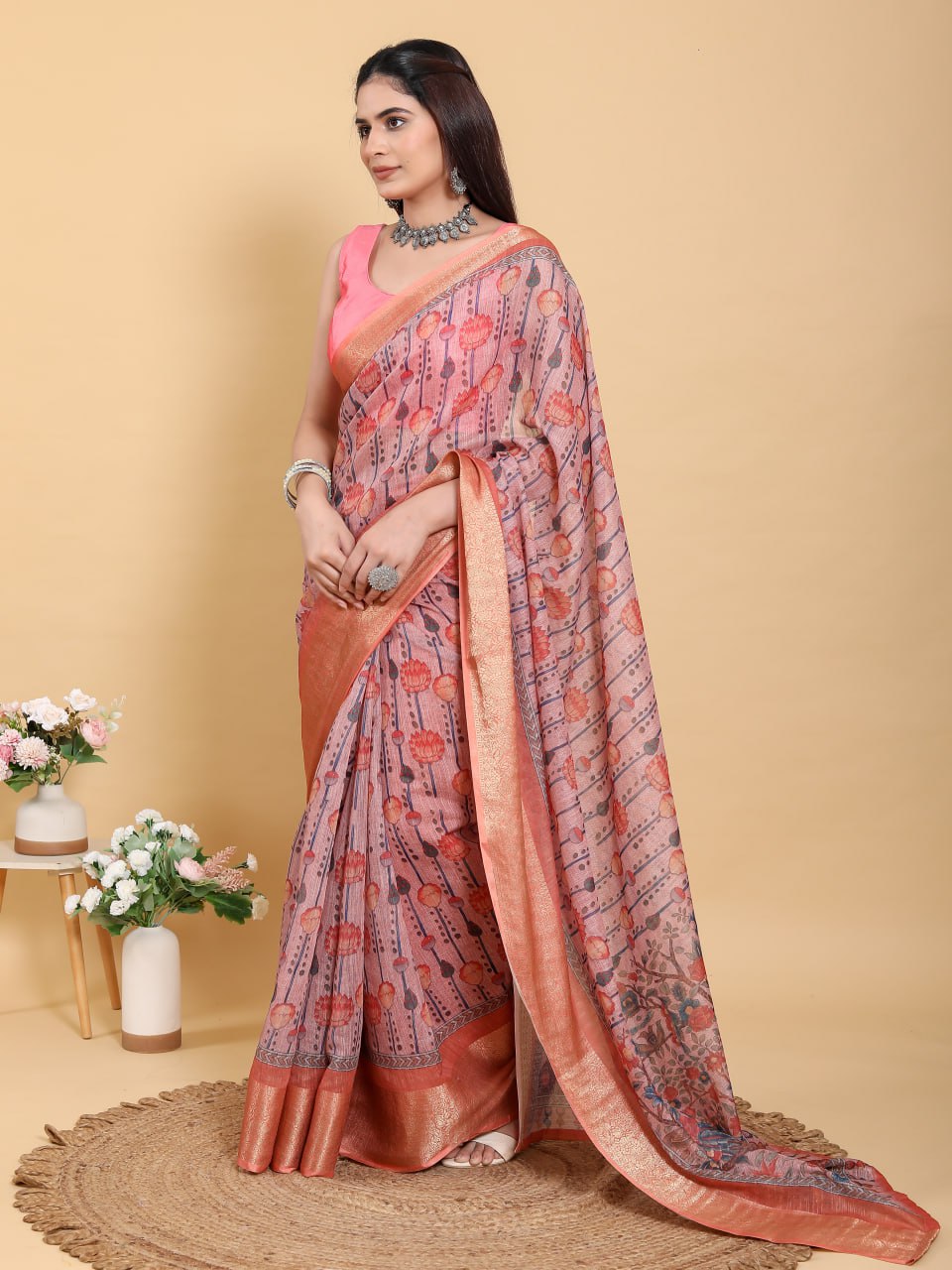 Mauve Floral Print Linen Cotton Saree