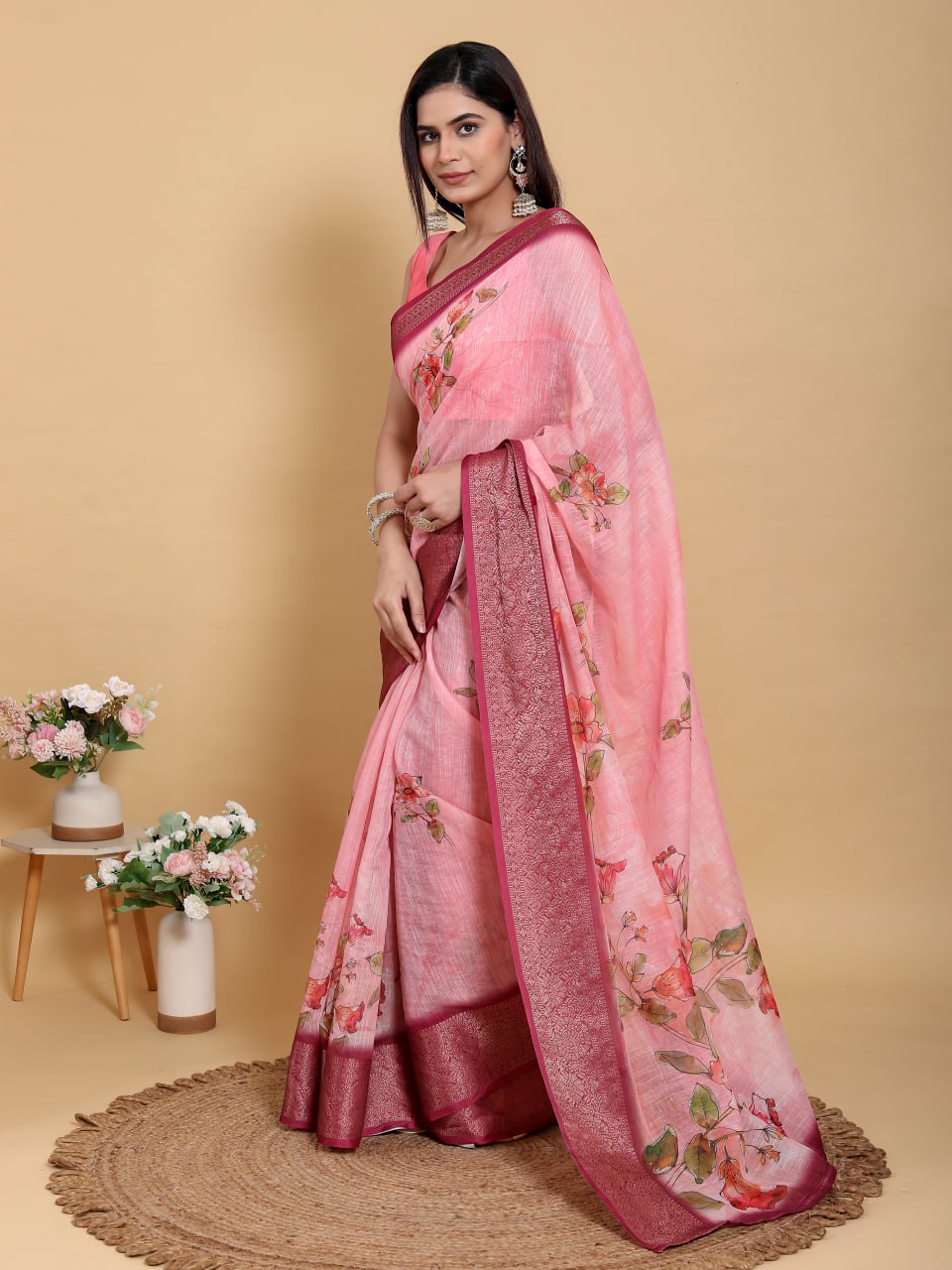 Sunset Pink Abstract Floral Print Linen Cotton Saree