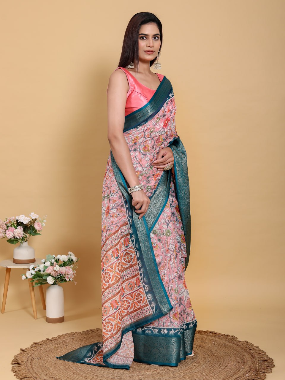 Elegant Rose Pink Floral Print Linen Cotton Saree