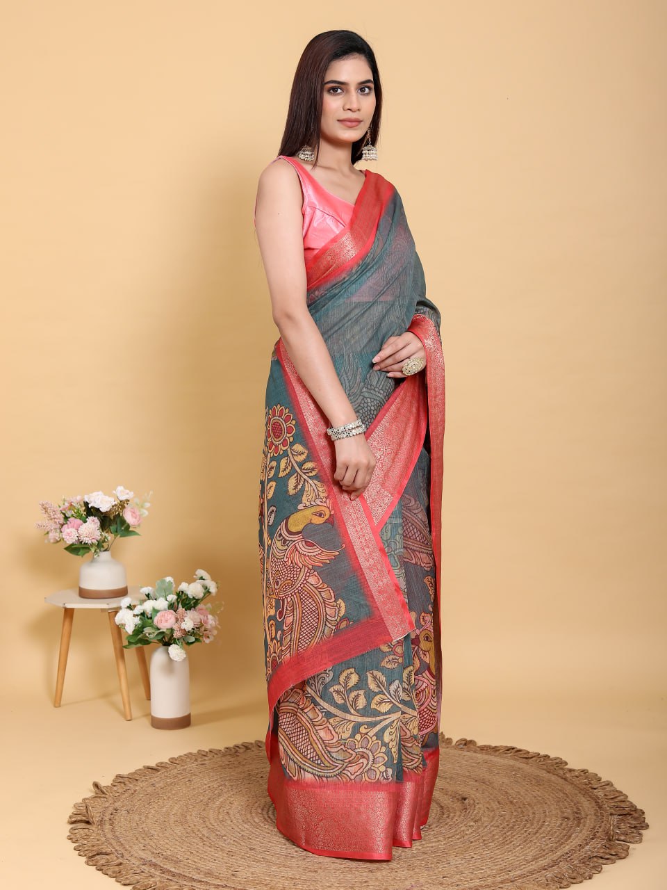 Elegant Peacock & Floral Kalamkari Design Linen Cotton Saree