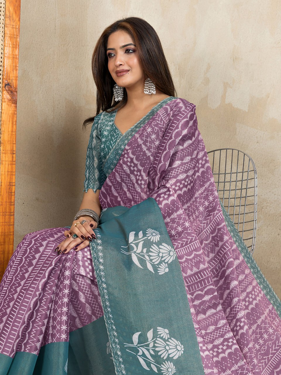Graceful Purple & Teal Printed Silk Saree
