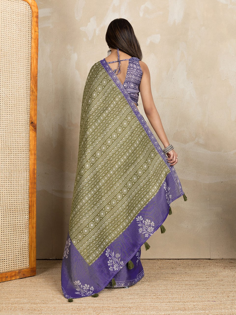 Olive Green & Purple Dual-Tone Printed Erode Anmol Silk Saree