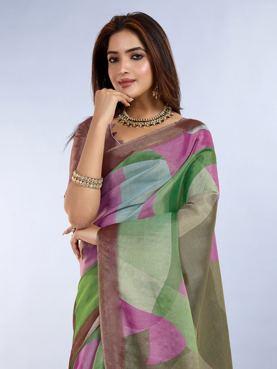 Green & Pink Abstract Printed Saree