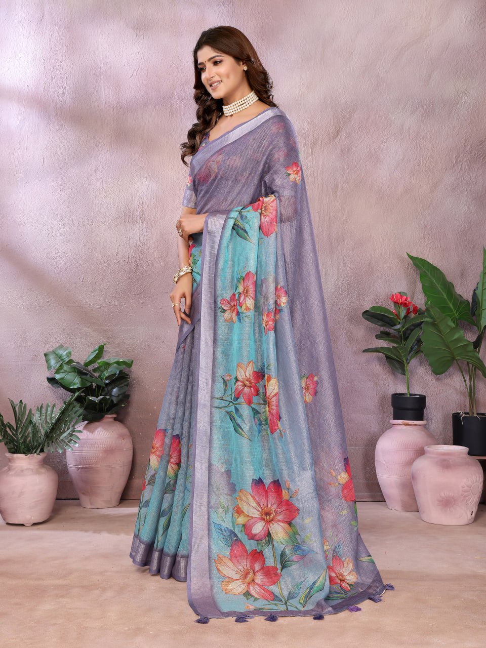 Aqua Blue Floral Printed Saree