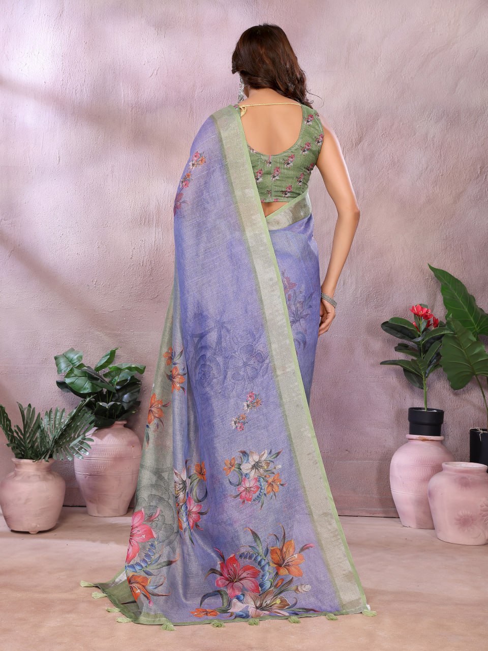 Lavender Green Floral Printed Saree