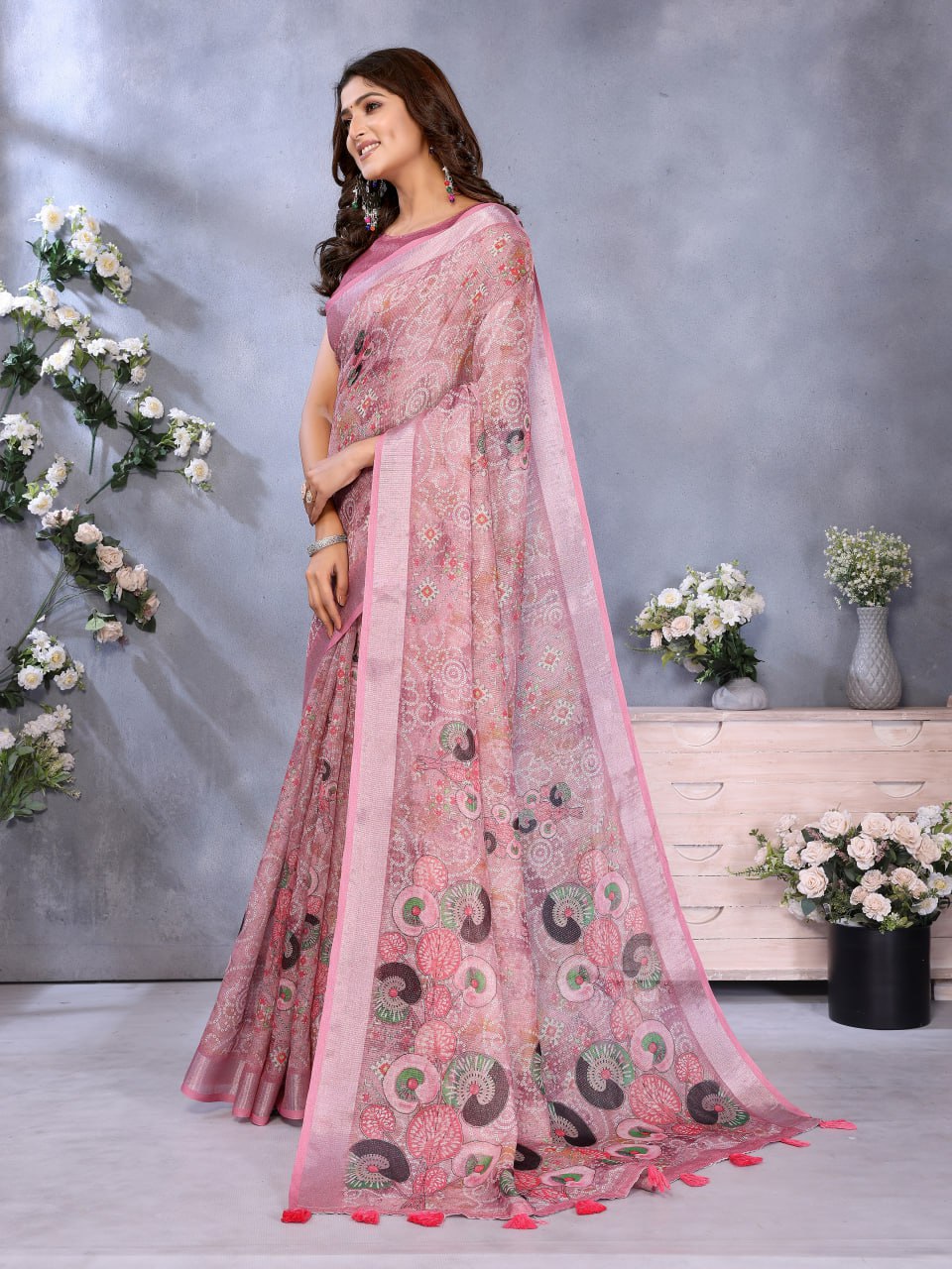 Rose Pink Ethnic Printed Saree