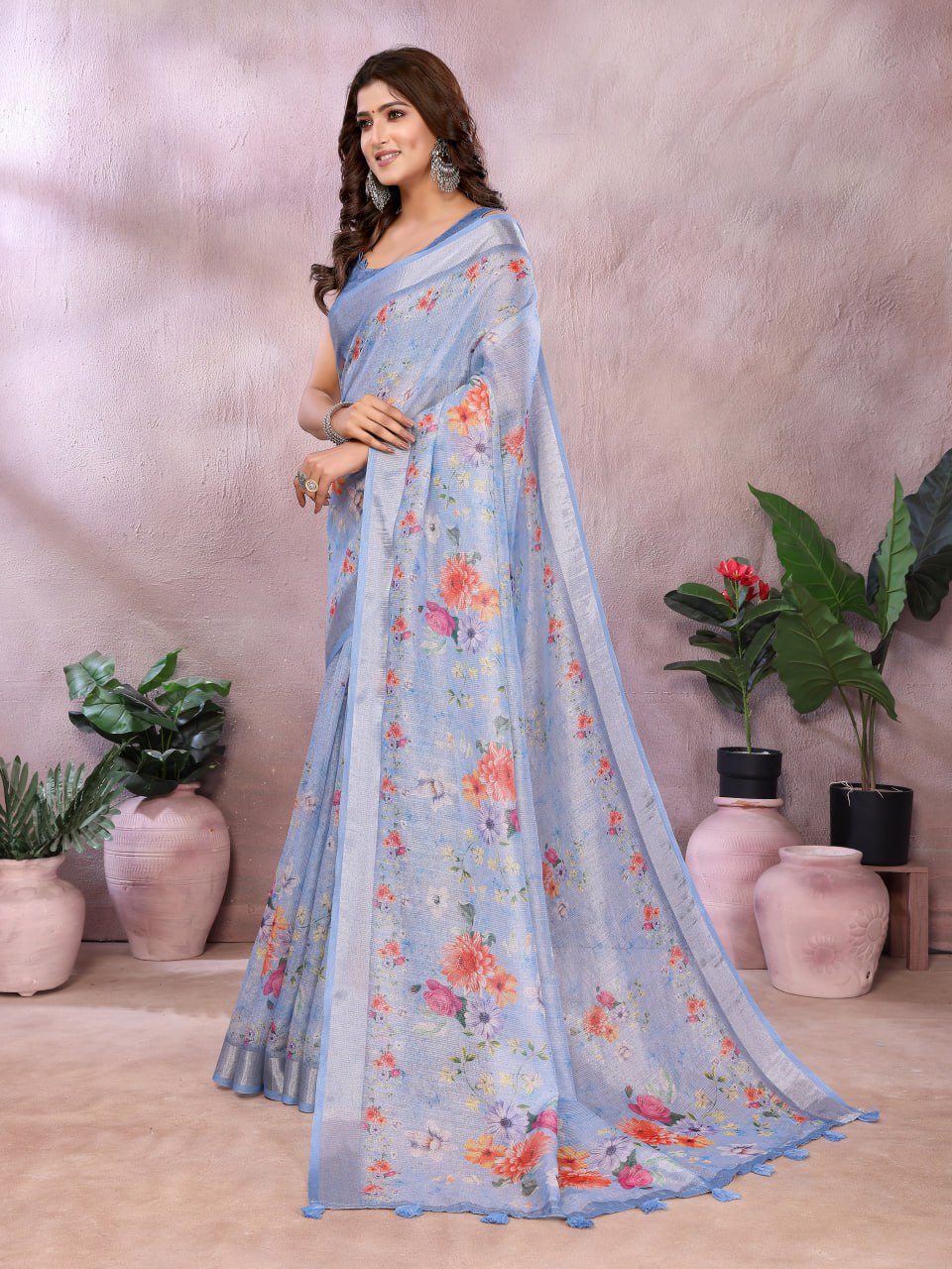 Sky Blue Floral Printed Saree