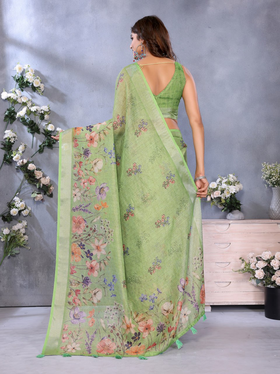 Lime Green Floral Printed Saree