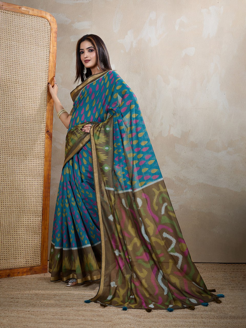 Teal Blue & Olive Green Ikat Printed Chanderi Saree