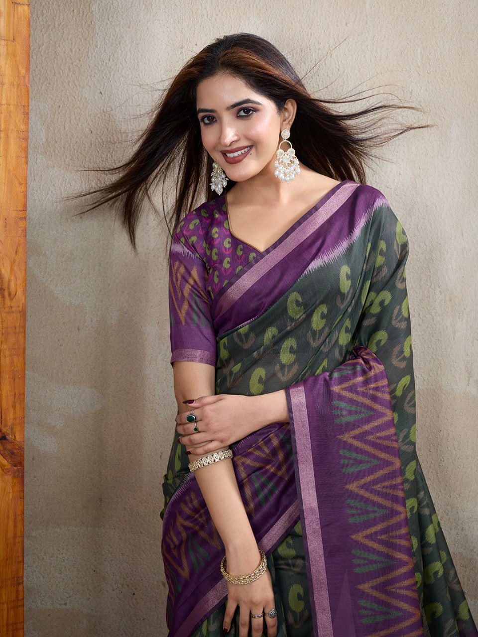 Dark Green & Purple Ikat Printed Chanderi Saree