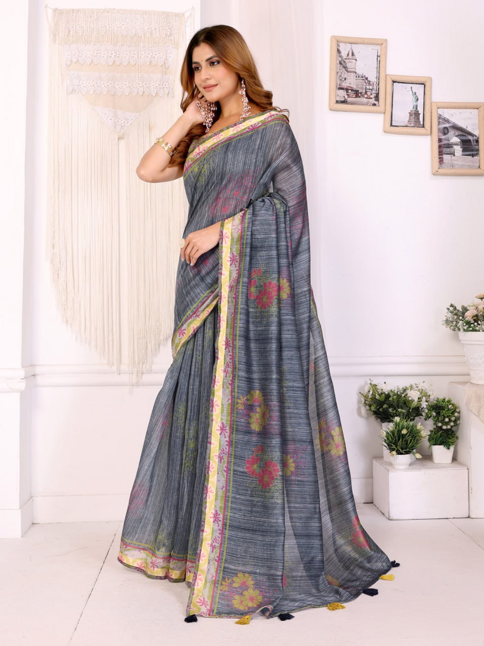 Grey Floral Printed Chanderi Saree