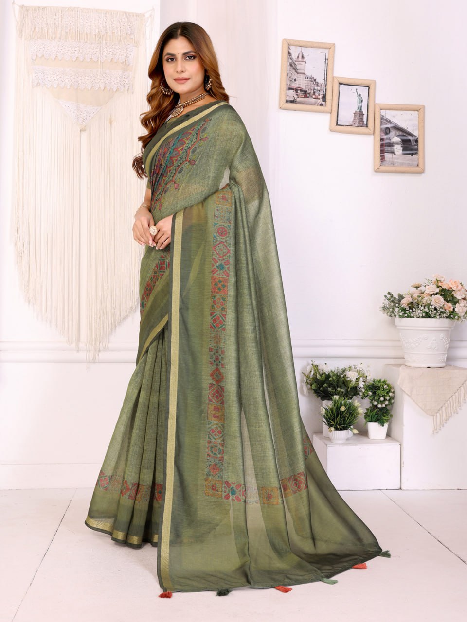 Olive Green Chanderi Saree with Traditional Geometric Border