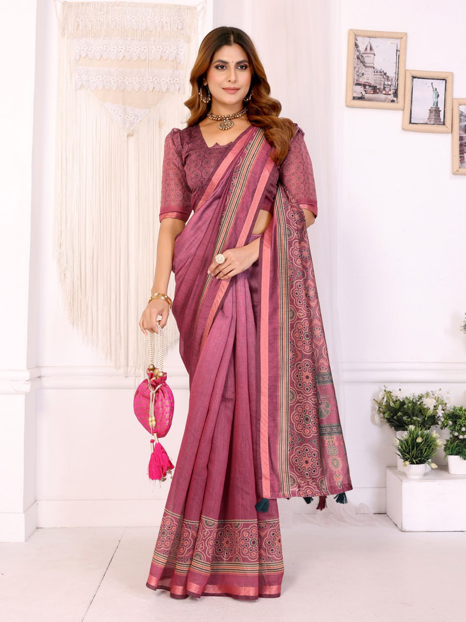 Rosewood Elegance Chanderi Saree with Ethnic Motif Border