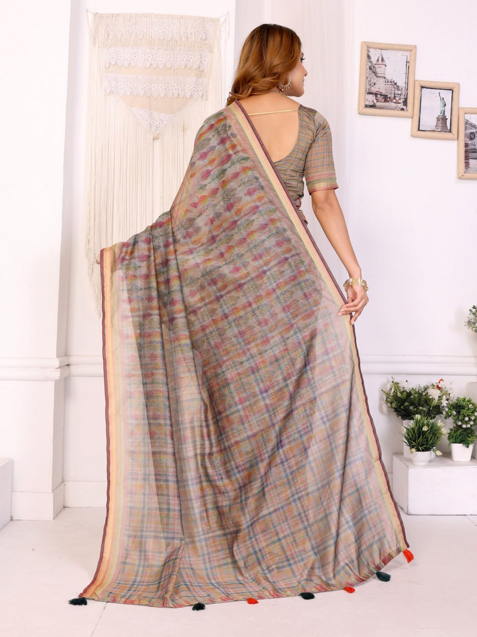 Vibrant Geometric Weaves Chanderi Saree with Contrasting Striped Border