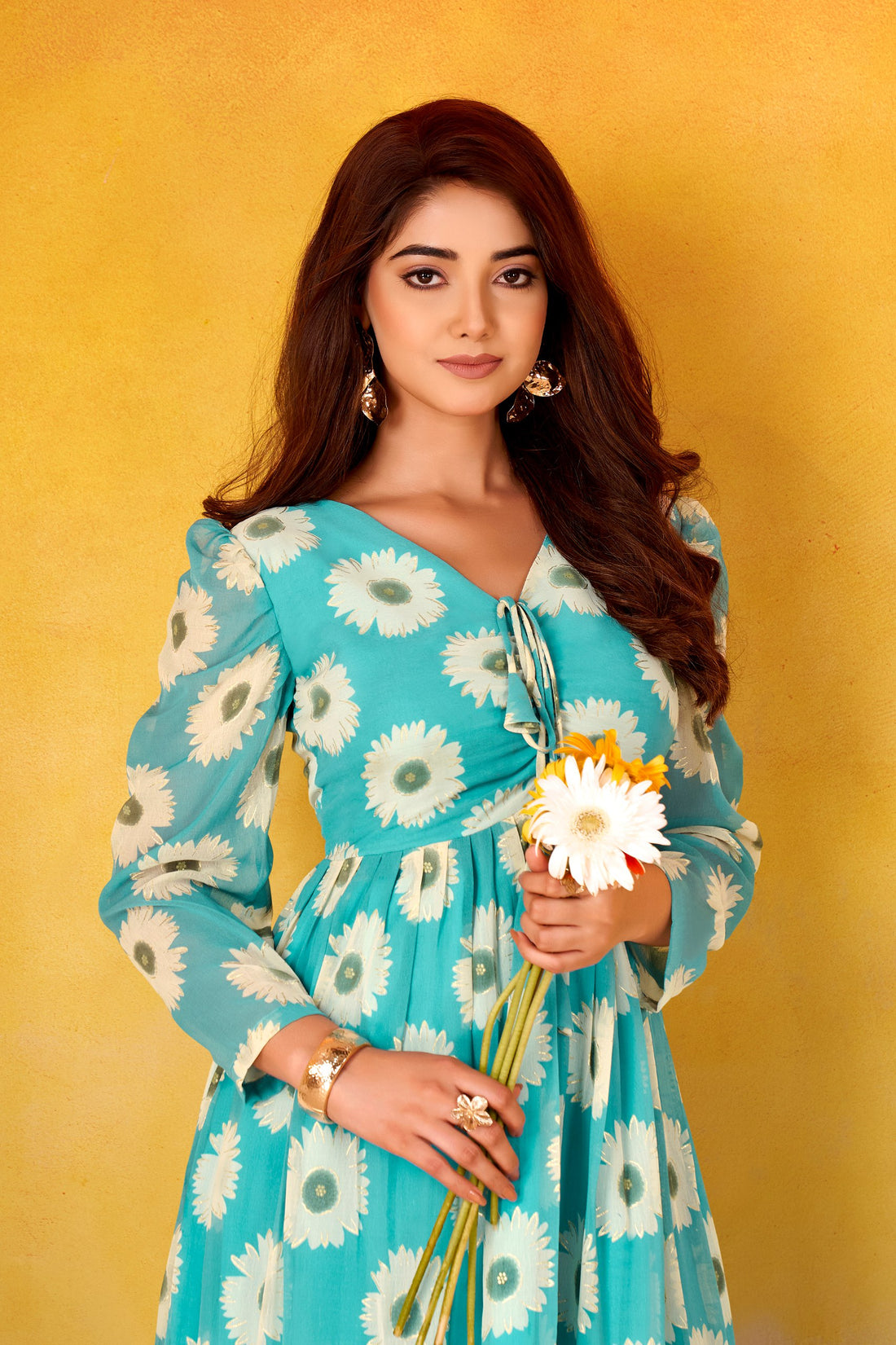 Floral Printed Weightless Marble Frock with Foil Work | Ethnic Wear (Stitched)