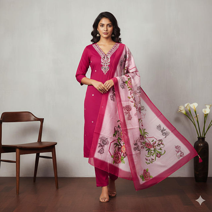 Roman Silk Embroidered Kurti Pant Set with Digital Printed Dupatta | Ethnic Wear