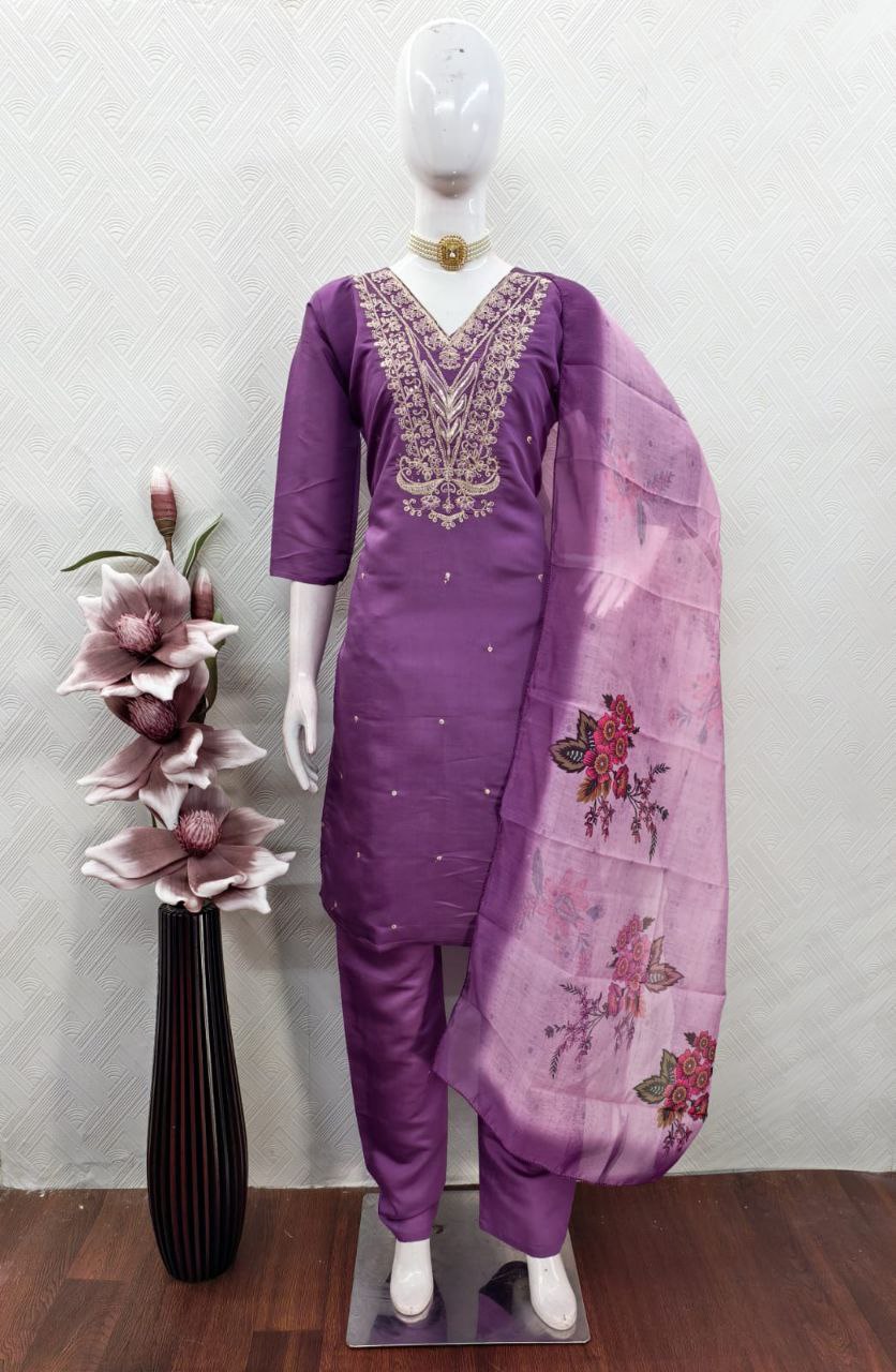 Designer Roman Silk Kurti Pant Dupatta Set with Embroidery Work