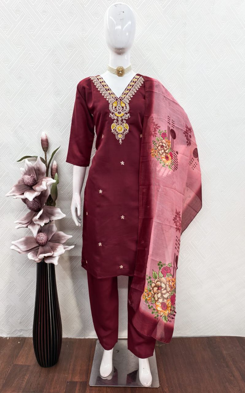 Women’s Roman Silk Embroidered Kurti with Pant & Printed Dupatta