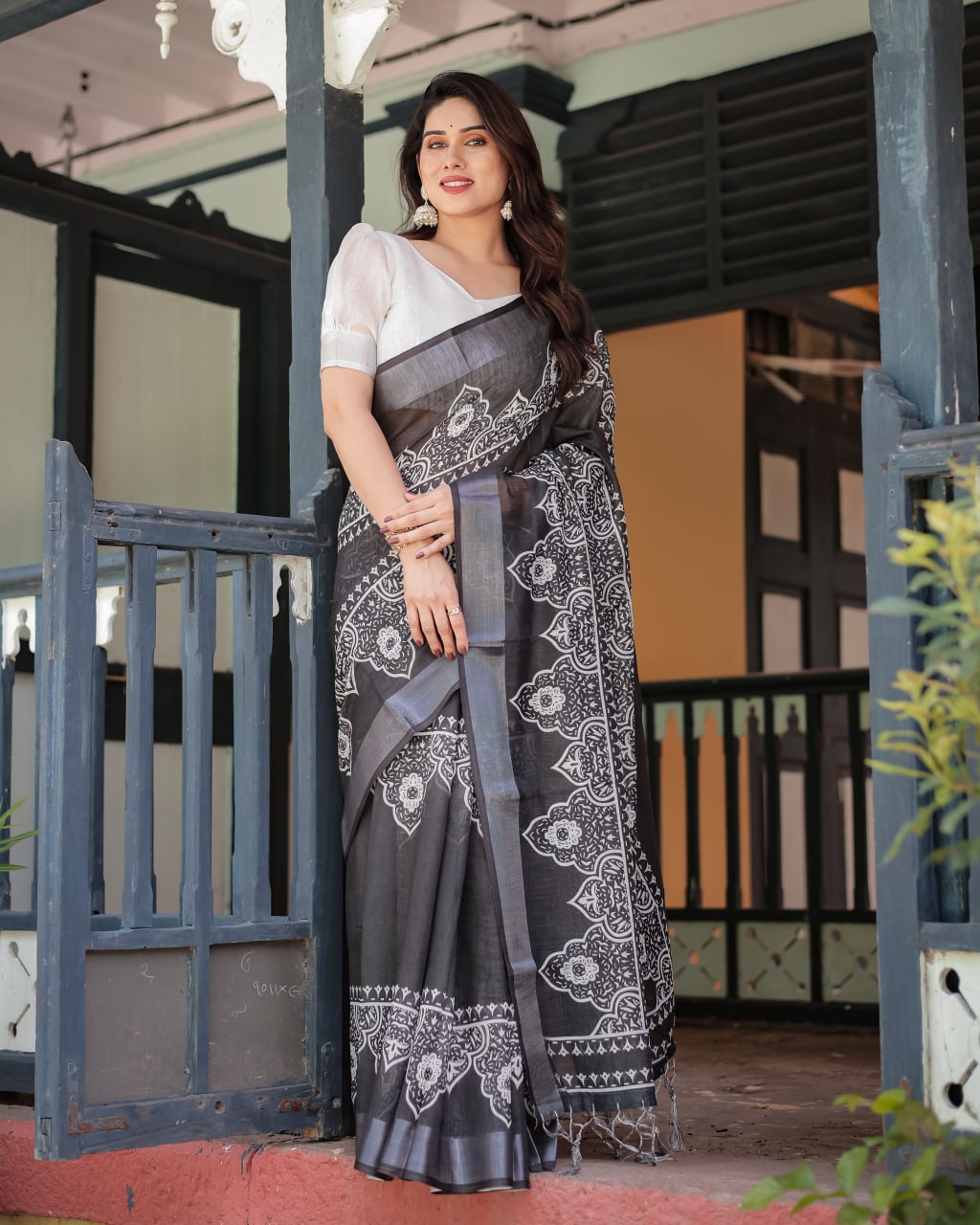 Sophisticated Black & White Linen Cotton Saree with Ornamental Print