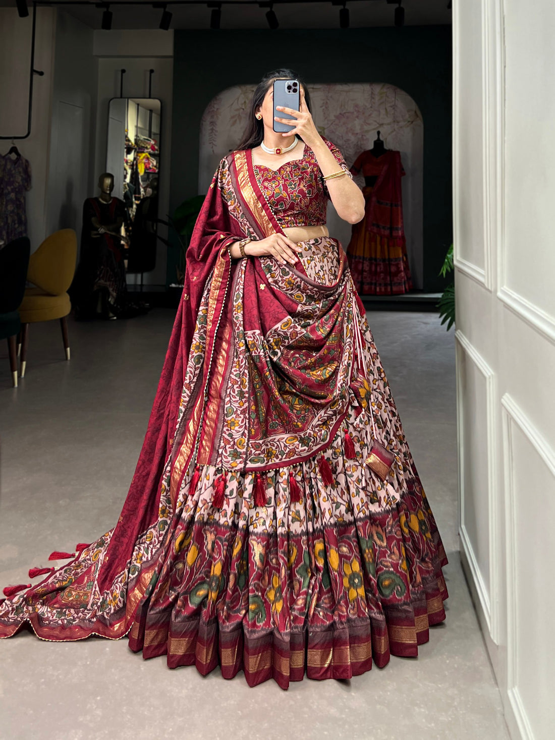 Festive Tussar Silk Lehenga Choli with Floral Foil Print & Jacquard Border
