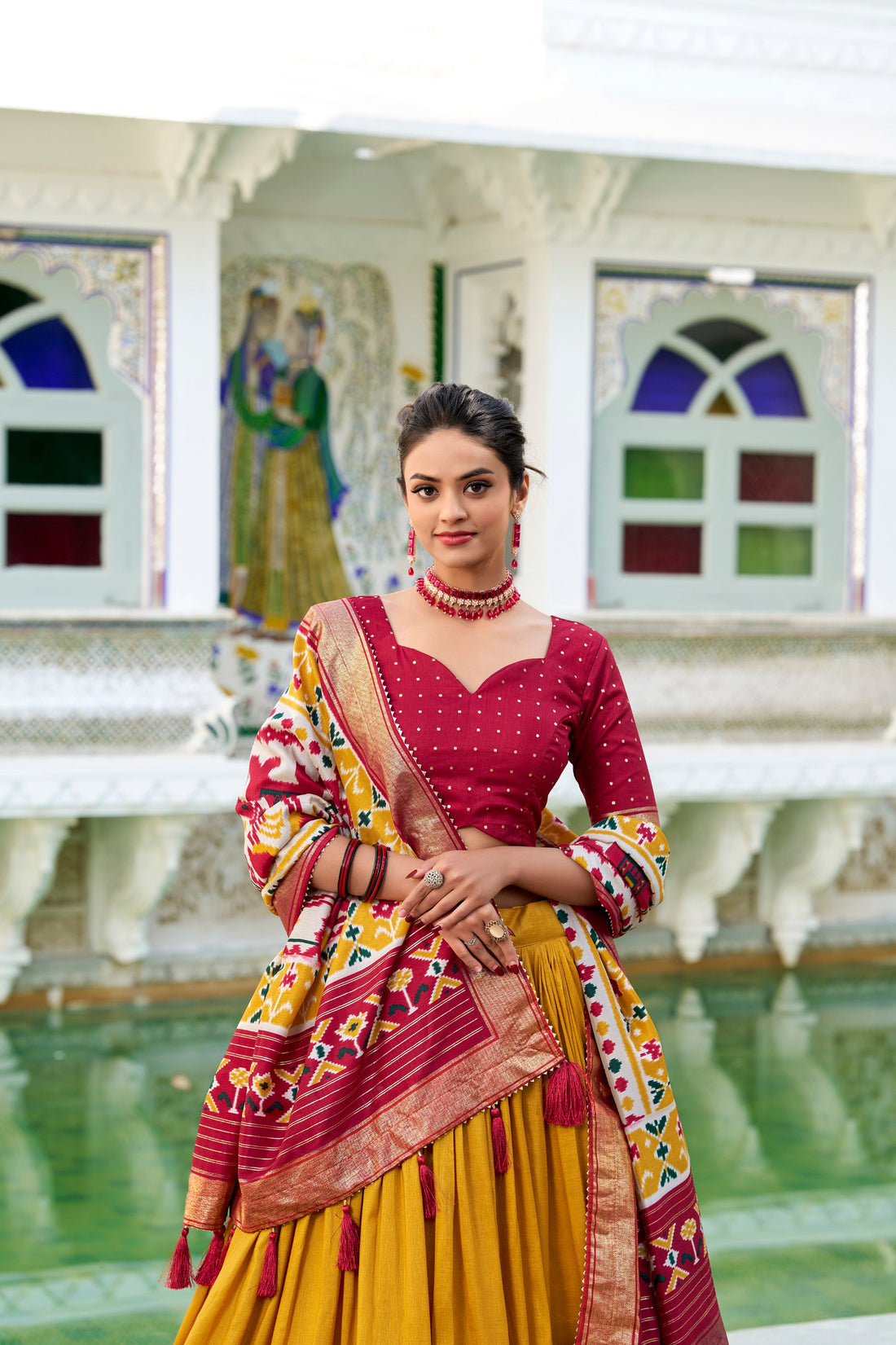 Tussar Silk Lehenga Choli Set with Floral Foil Work & Dupatta