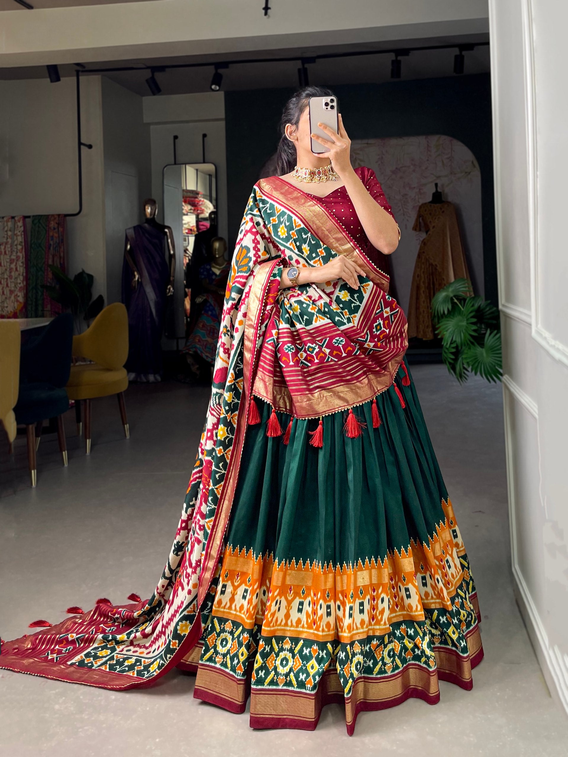 Women’s Mirror Tussar Silk Lehenga Choli with Floral Print & Dupatta