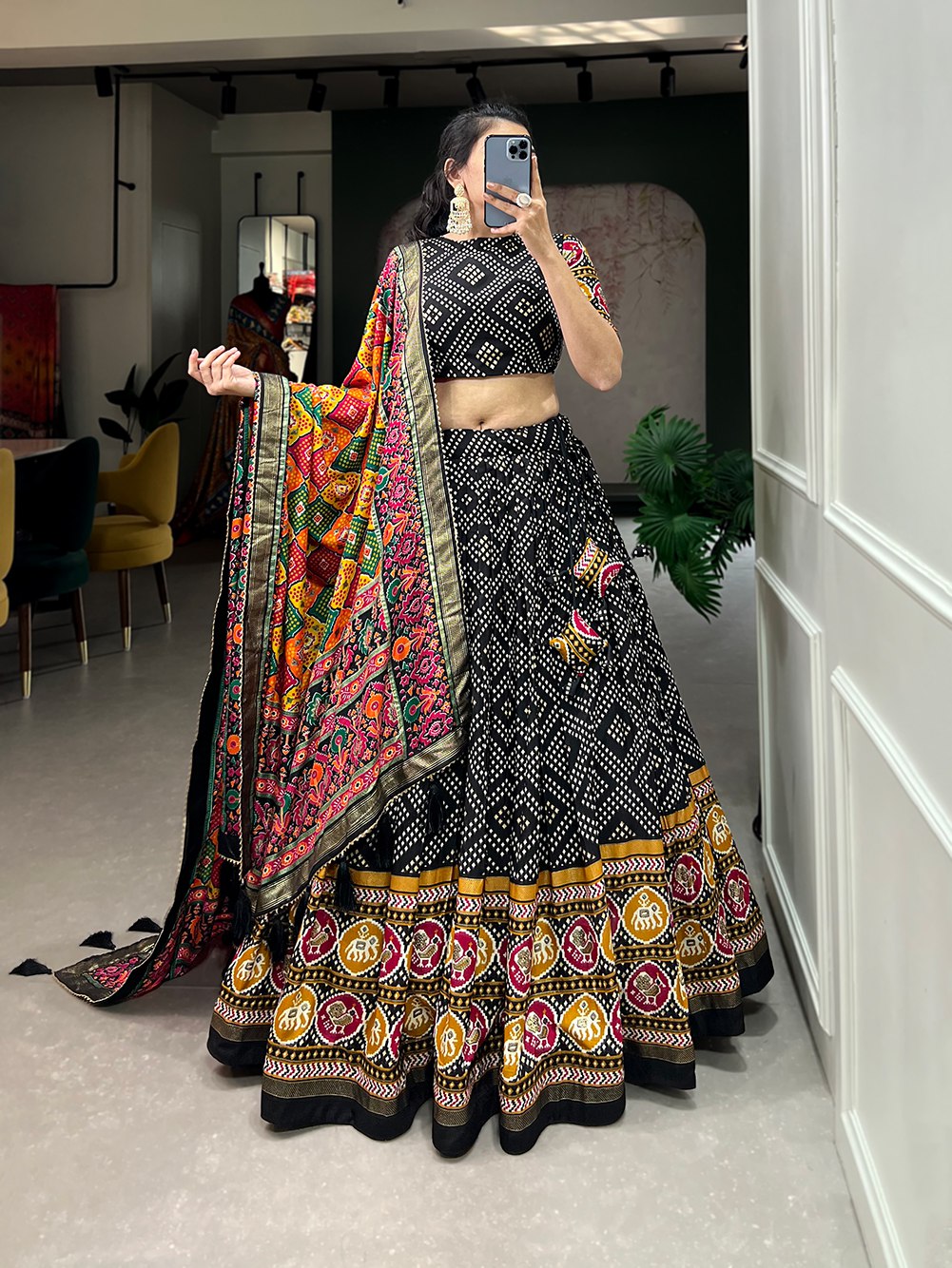 Designer Banzran Tussar Silk Lehenga Choli with Floral Foil Work