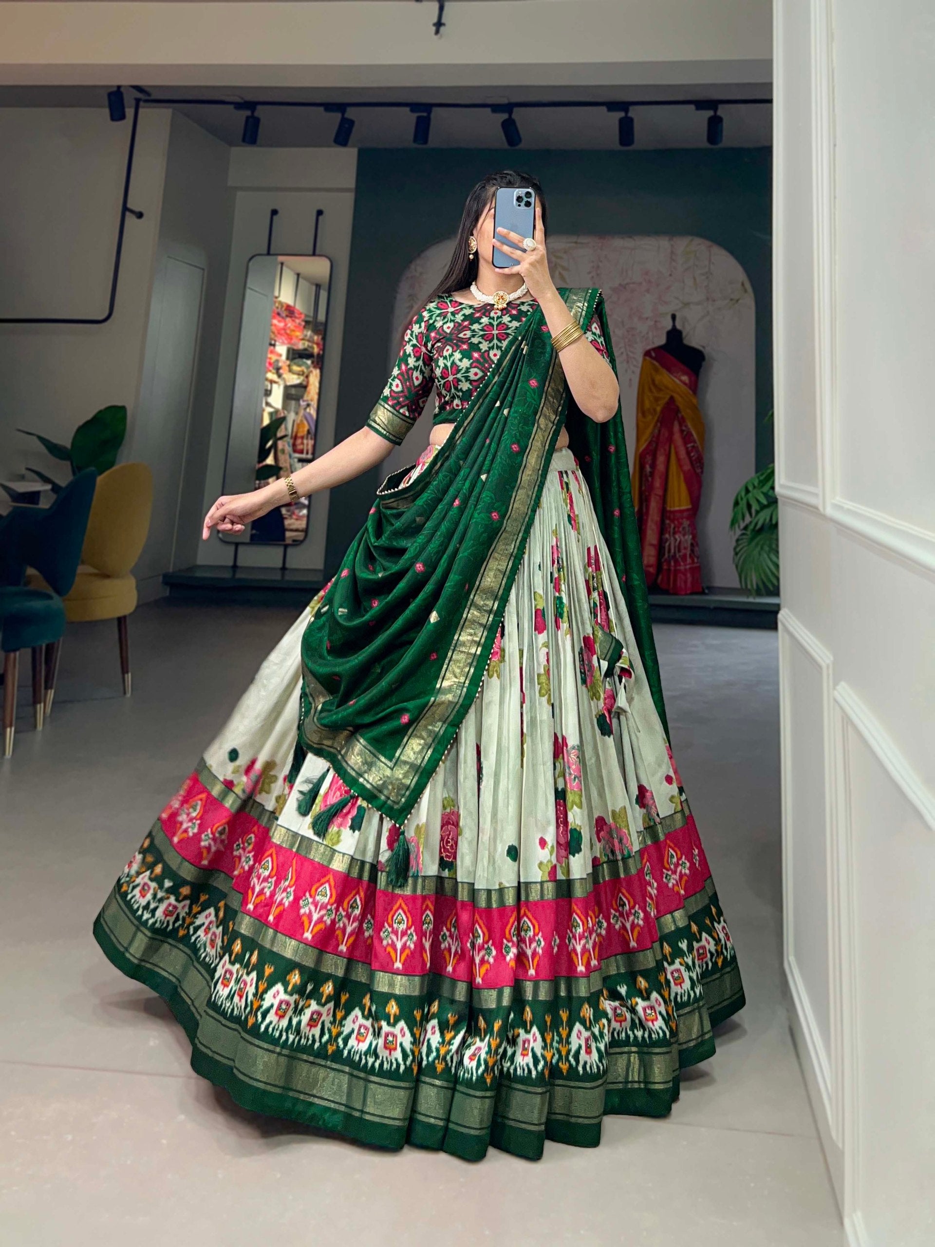 Festive Tussar Silk Floral Printed Lehenga Choli Set with Dupatta