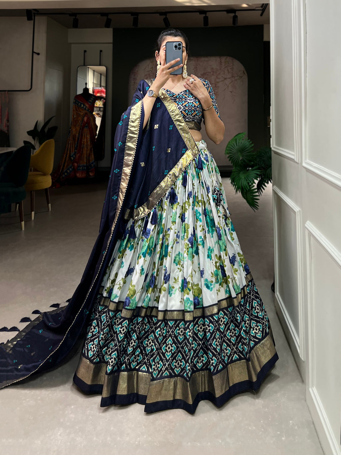 Elegant Tussar Silk Lehenga Set with Floral–Patola Print & Foil Detailing