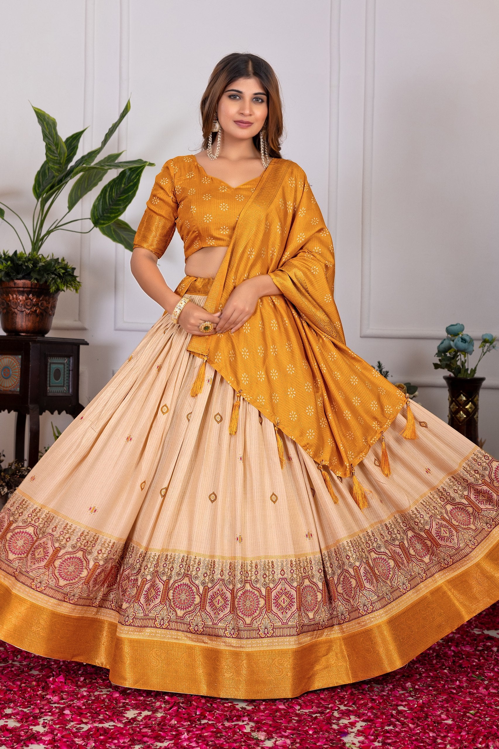 Elegant Tussar Silk Lehenga Set with Floral–Patola Print & Foil Detailing