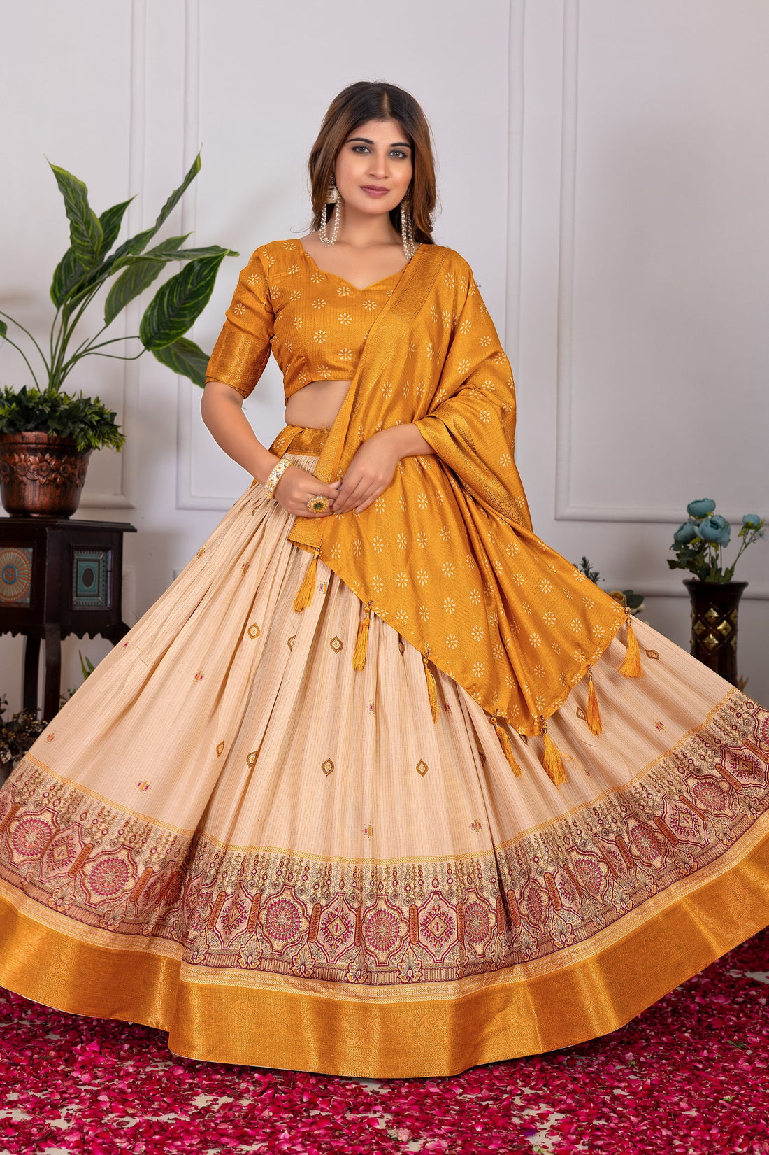 Elegant Tussar Silk Lehenga Set with Floral–Patola Print & Foil Detailing