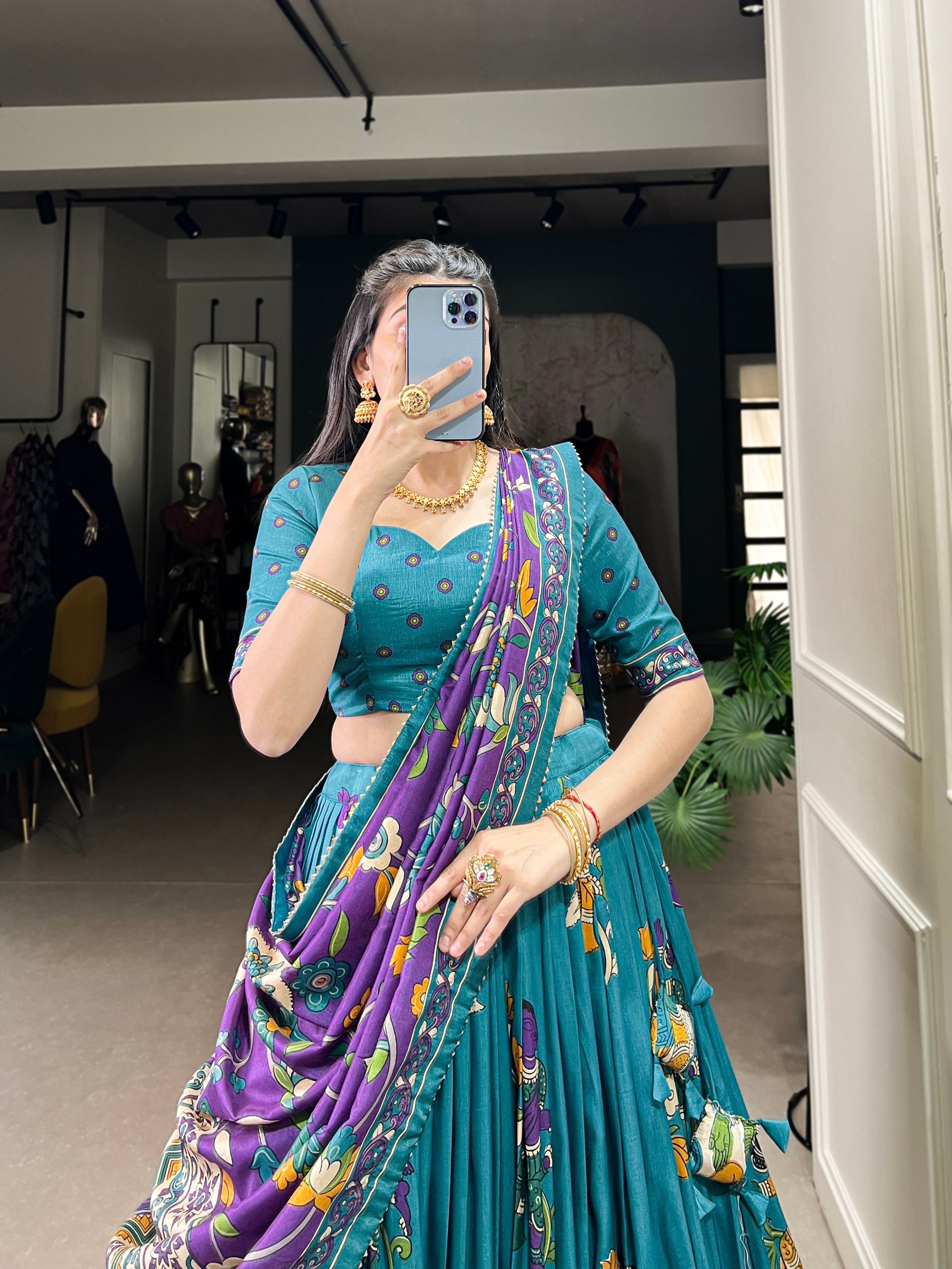 Premium Tussar Silk Lehenga Set – Floral Print, Foil Work & Gotta Patti Dupatta