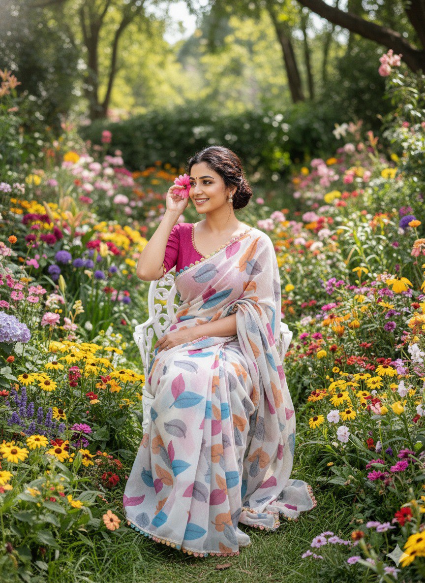 Chiffon Red  Banzaran Soft Chiffon Saree with Floral Mill Print & Elegant Lace Border