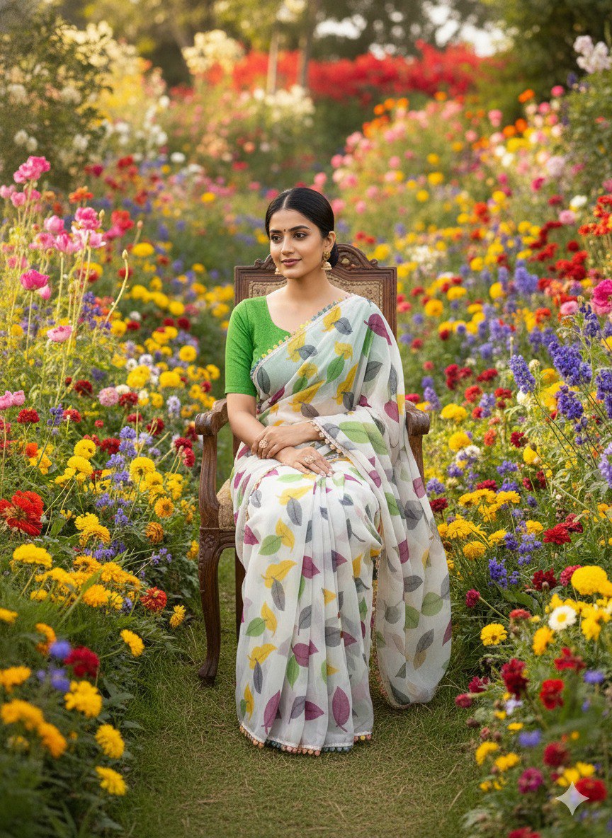 Chiffon parrot  Banzaran Soft Chiffon Saree with Floral Mill Print & Elegant Lace Border