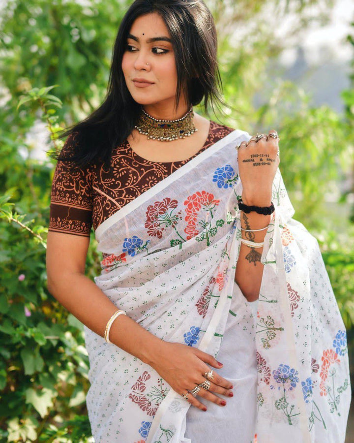 Banzaran Premium Linen Cotton Saree – Daily Wear Digital Print Saree for Women